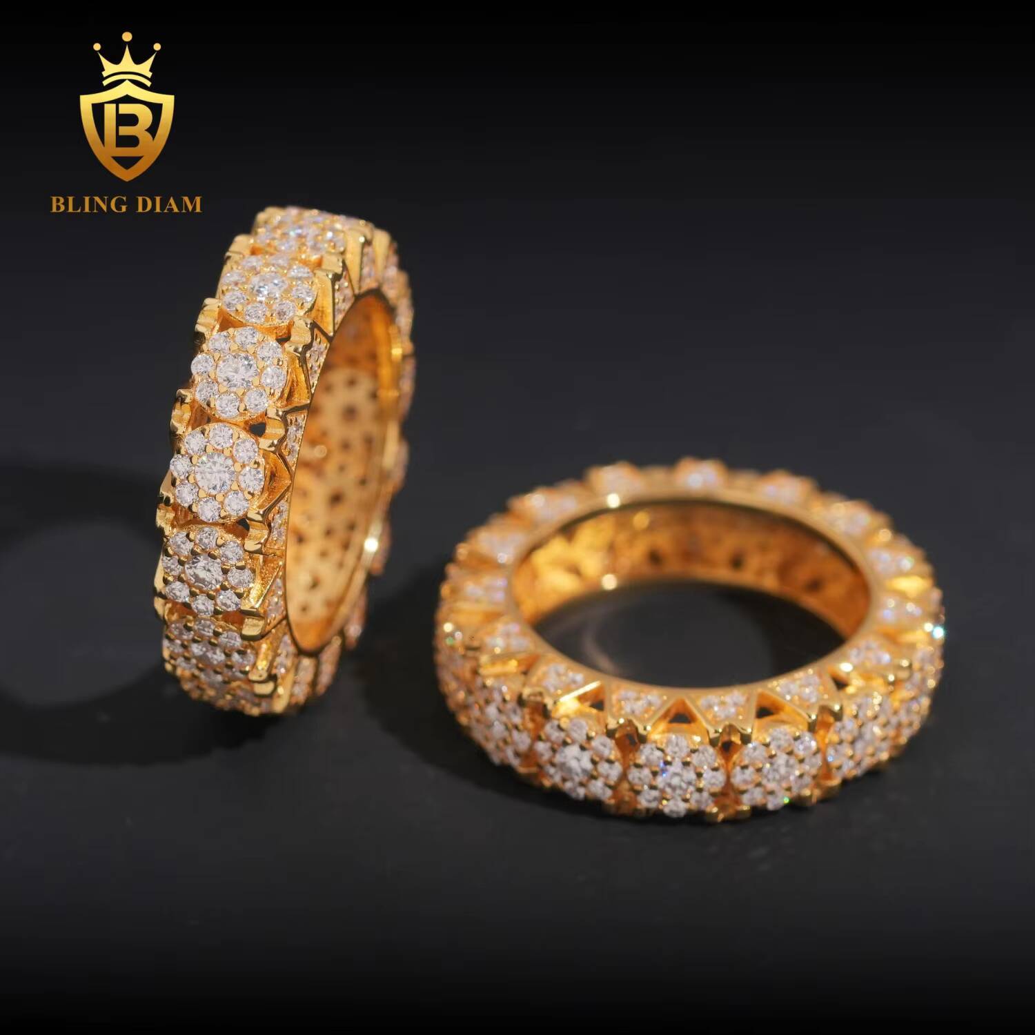 New Design Iced Out Gold Plated Hip Hop Rings 925 Sterling Silver Fully Moissanite Custom Rings for Men