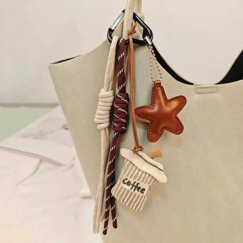 Kawaii Cartoon Linen Embroidery Coffee Bread Keychain Leather Heart Pendant Bag Charm Car Keychain Couples Bag Pendant AccessoriT251127