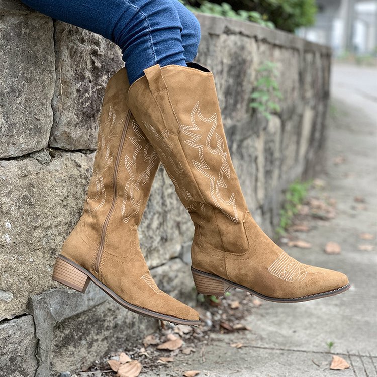 Embroidered Western Cowboy Boots for Women Spring Pointed Toe Thick Heel High Knee Boots Woman Loose PU Leather Long Botas Mujer 36-43