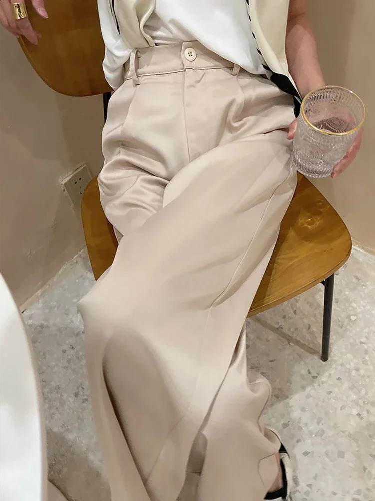Satin wide leg womens high waisted summer silk suit straight pants elegant casual womens pants 250427