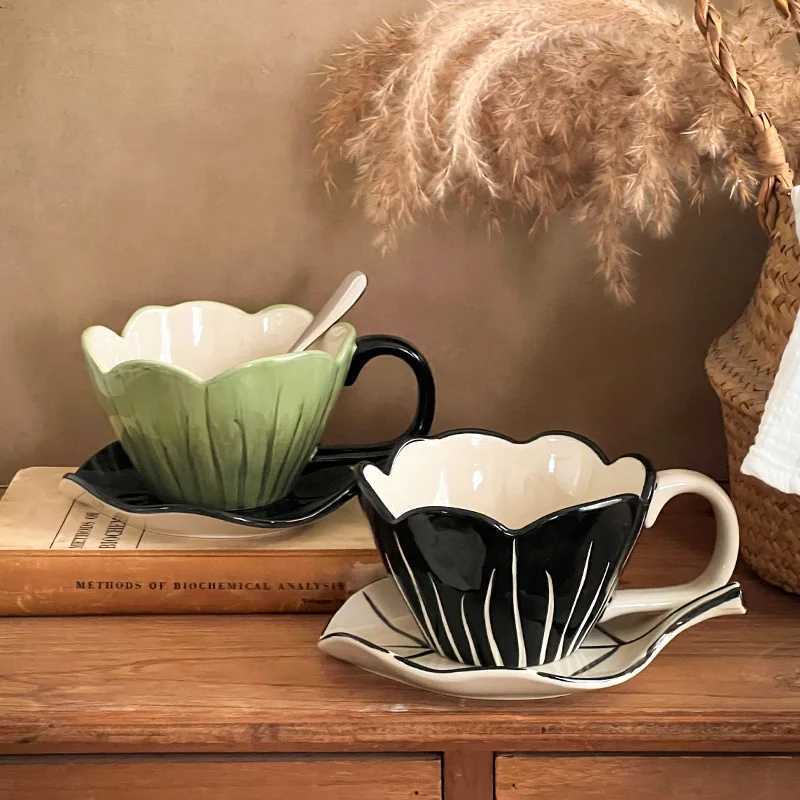 Nordic Vintage water cup tulip flower ceramic coffee cup and plate set Flower Porcelain Tea Cup Afternoon Tea Dessert Mugs C251127