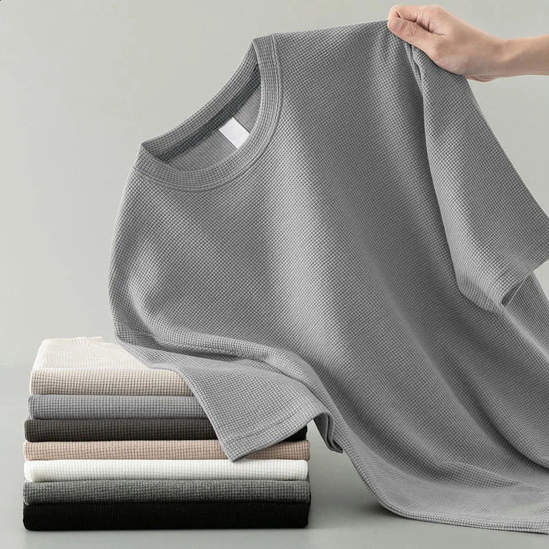 1 mens summer T-shirt mens short sleeved waffle solid T-shirt mens solid color casual tee round mens round neck fashionable top 250427