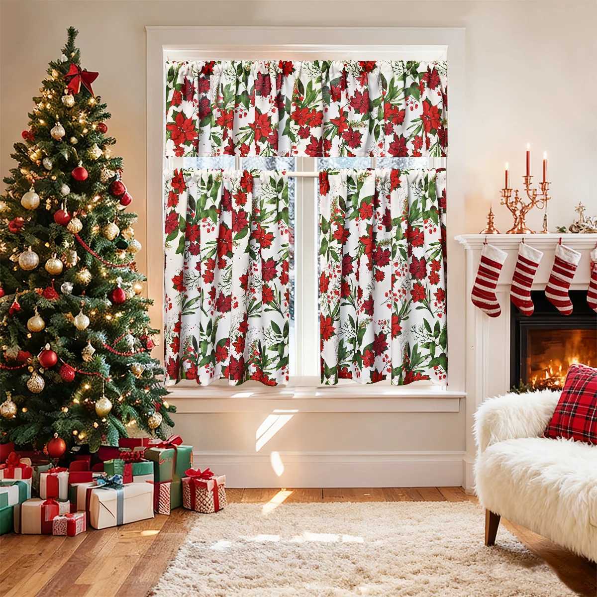 Curtain Christmas 1PC Christmas Poinsettia Printed Rod-Pocket Short Curtain Suitable for Christmas Festival Curtain Decoration and Embellishment Y2511