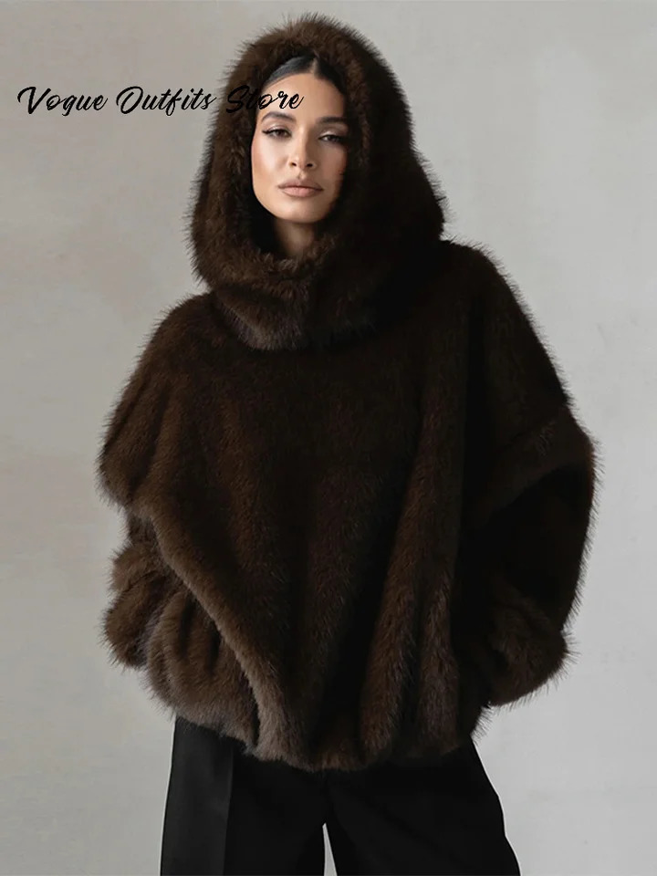 Casual Furry Faux Fur Hooded Pullover Women Full Sleeve Loose Warm Solid Coat 2025 Autumn Winter Lady Chic Street Outwear 251126