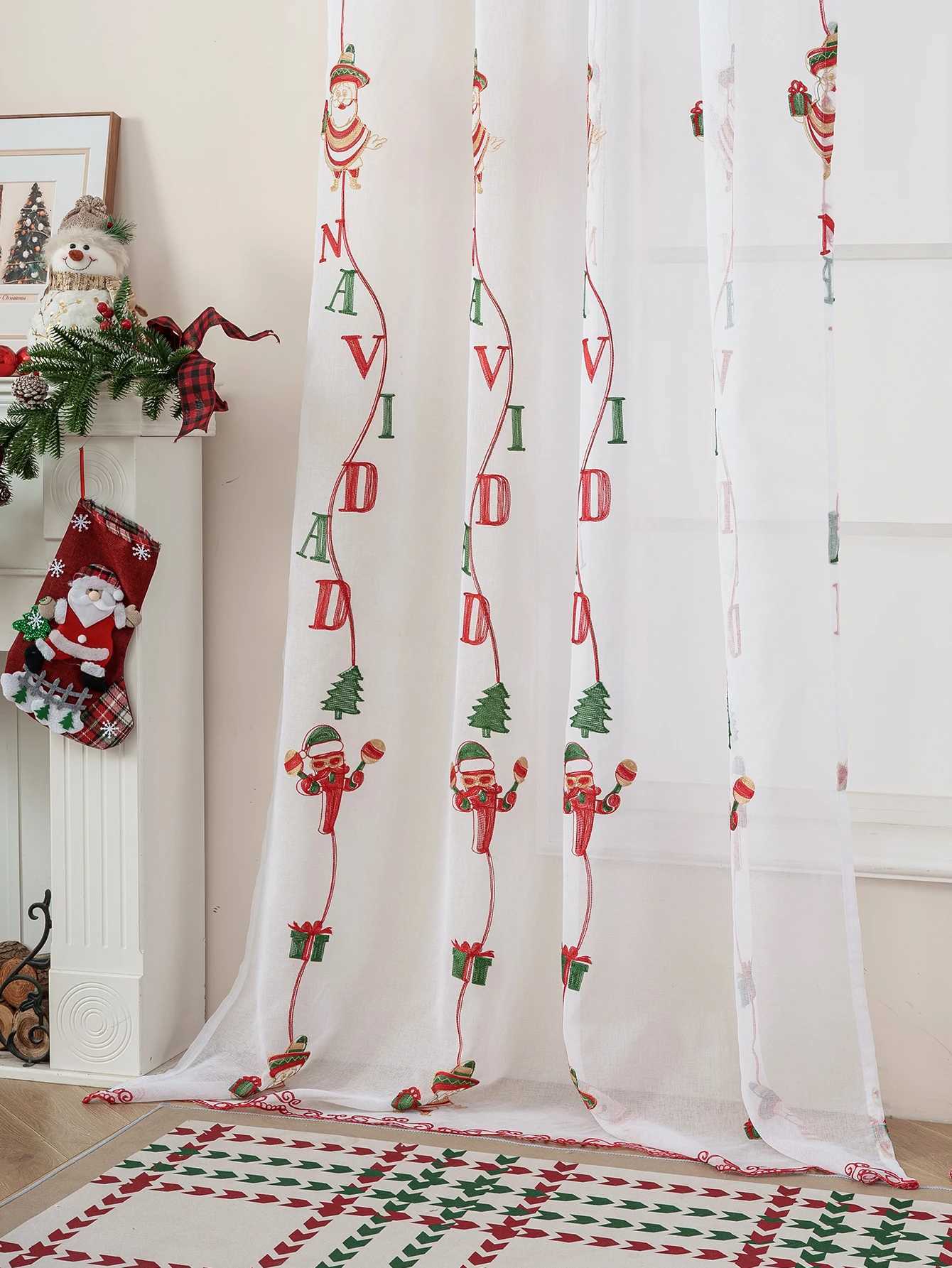 Curtain Christmas 1PC Cartoon Santa Claus Christmas Lace Embroidered Thin Curtain for Bedroom And Living Room Holiday Decorative Window Treatment Y251