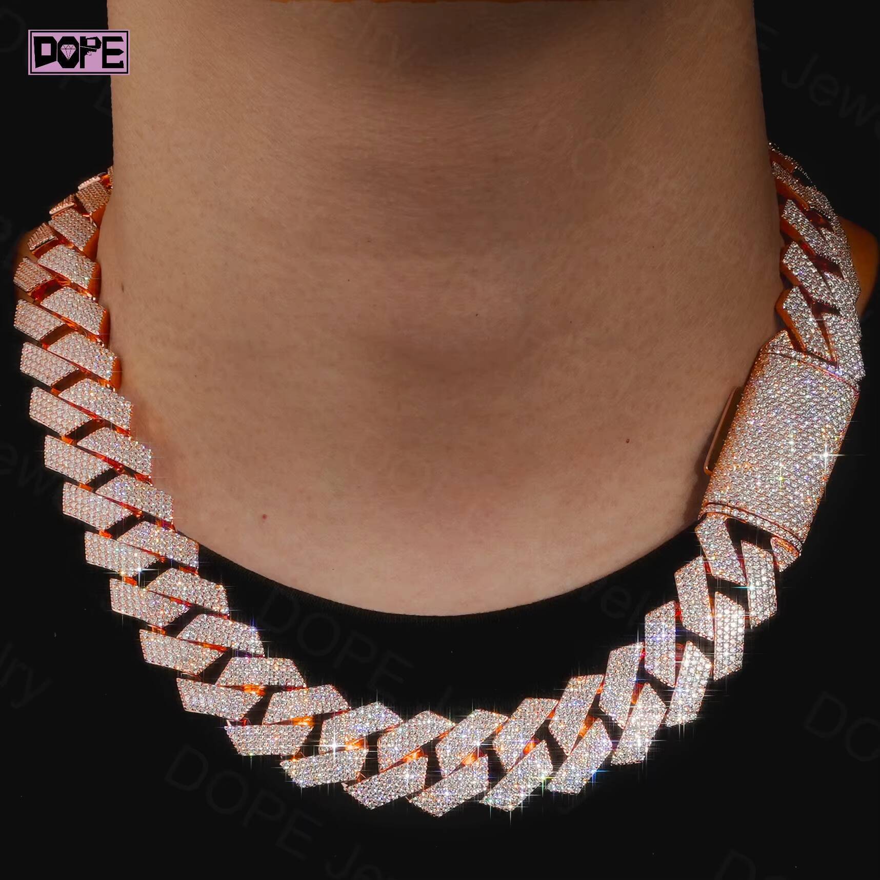 Hip Hop 20mm Cuban Link Chain 925 Silver Rose Gold Plated Iced Out Thick Bust Down Moissanite Cuban Chain