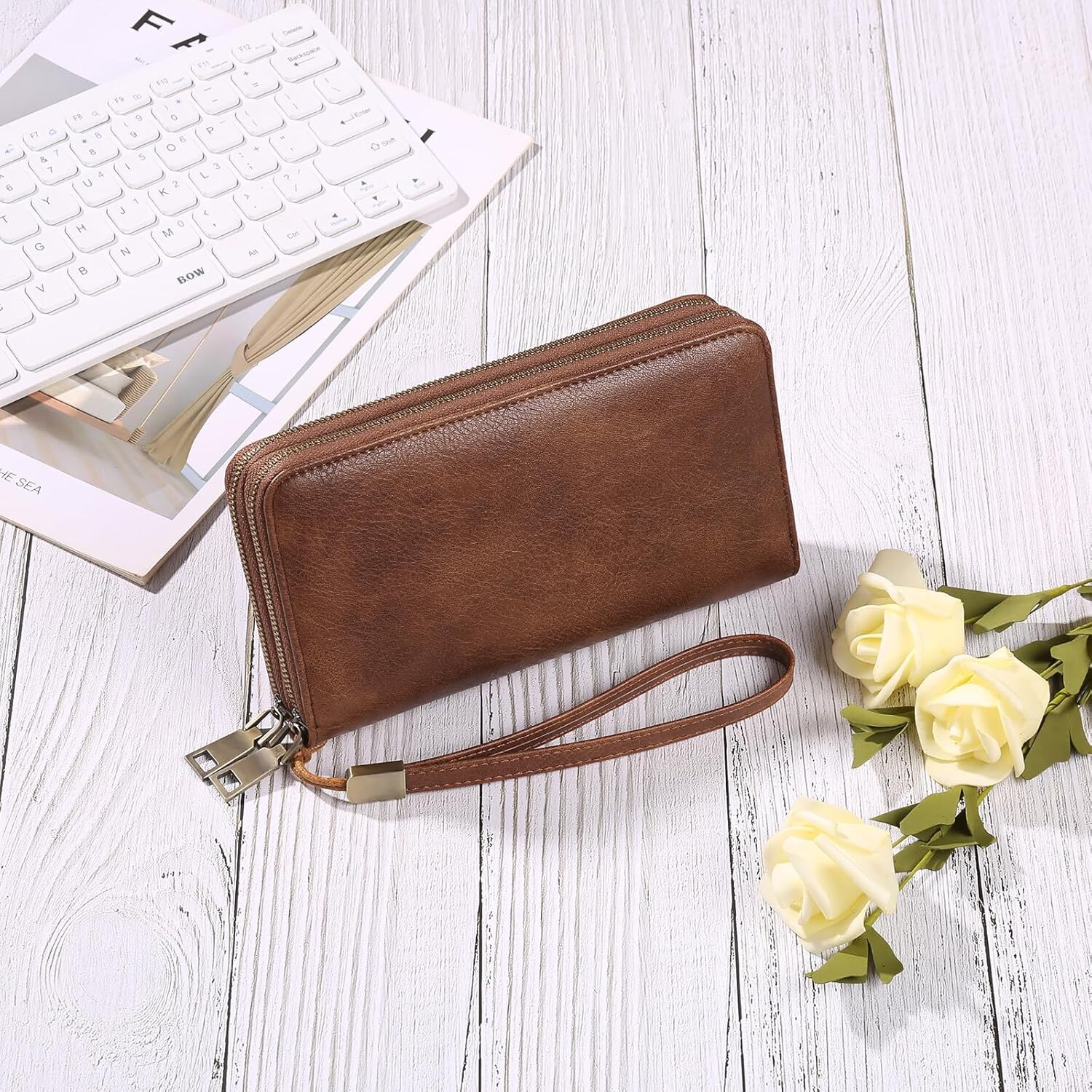 GAEKEAO Women's RFID Shielded Leather Wristband Wallet Large Capacity Credit Card Bag with Hand Strap, A01 Brown, Classic