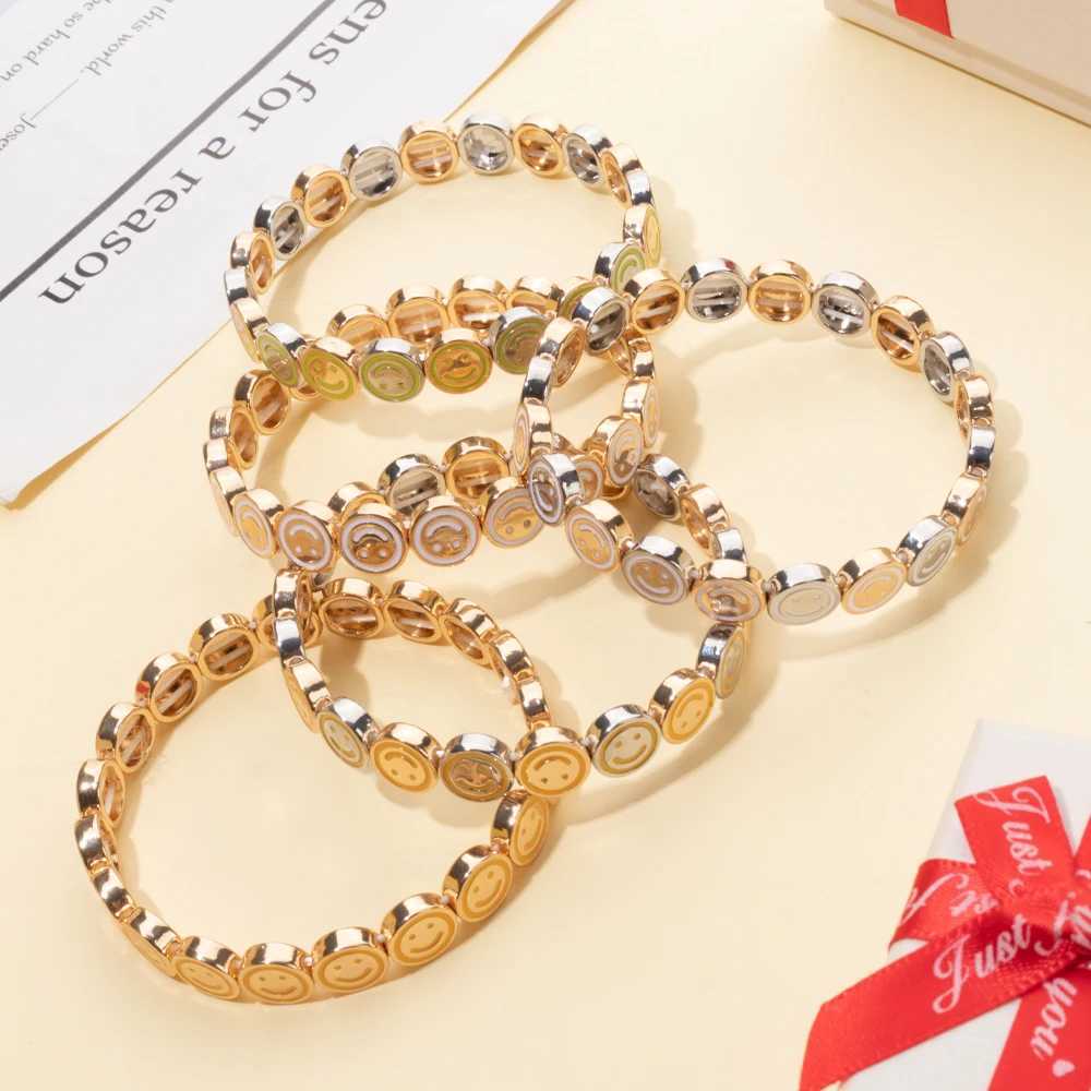 2024 New Happy Bangle Paved Diamond Enamel Beadeds For Women Boho Gold Color Elastics C251105
