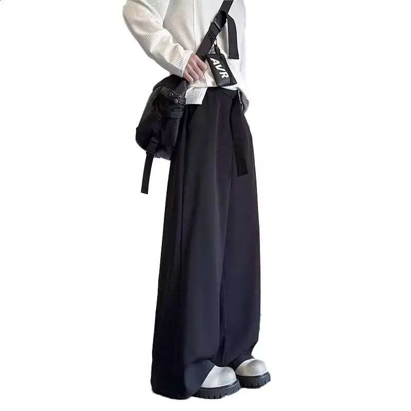 Black Flowy Baggy wide leg mens pants with drawstring elastic waist loose casual soft pants 250427