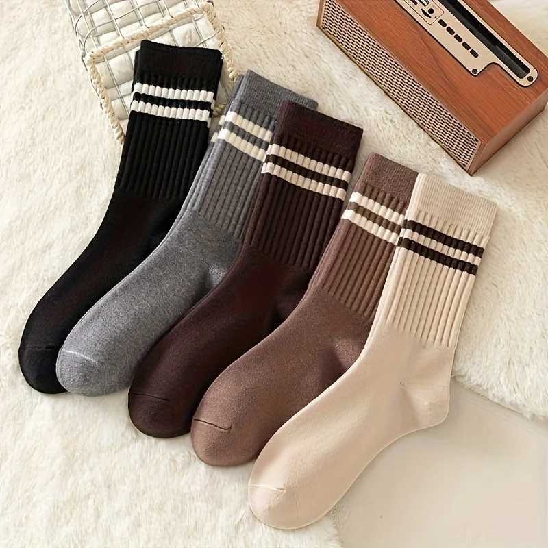 5 Pairs of Brown Two-Bar Mid-Calf Socks Autumn And Winter Korean Style Fashionable All-Match WomenS Socks J251128
