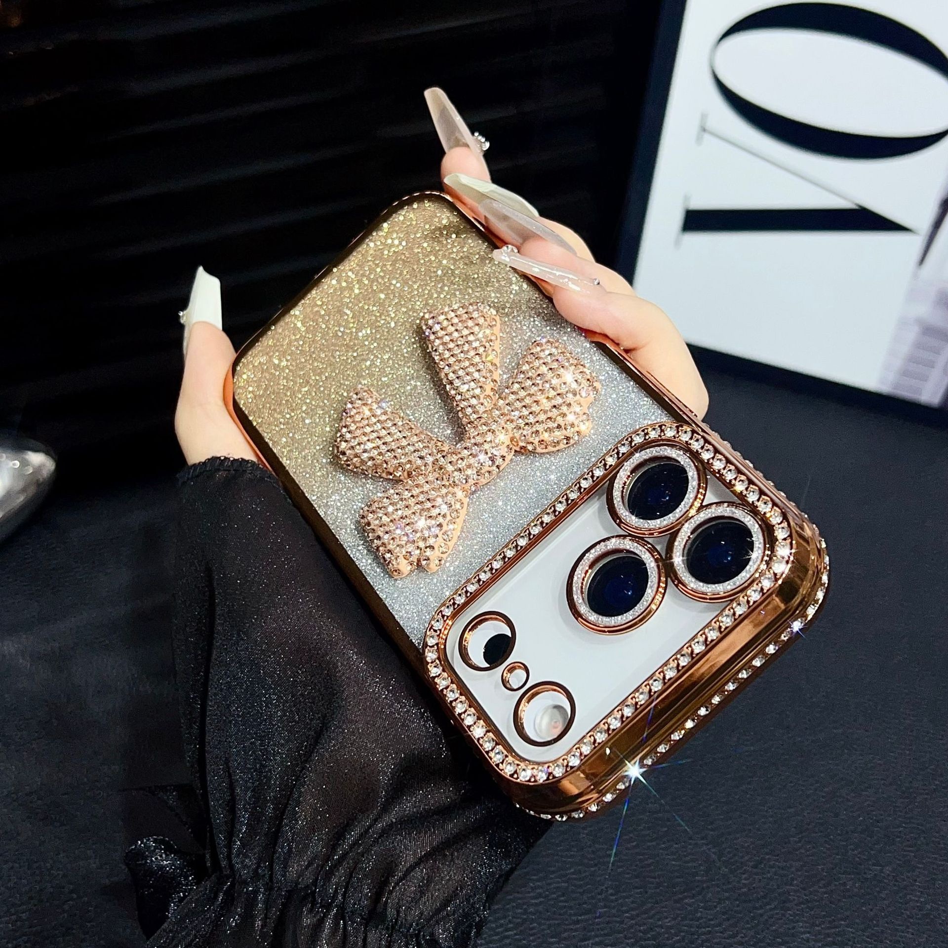Electroplated 3D Rhinestone Bowknot Phone Case iPhone 17 Pro Max Compatible with Apple 16/15 Gradient Glitter Paper Protective Case
