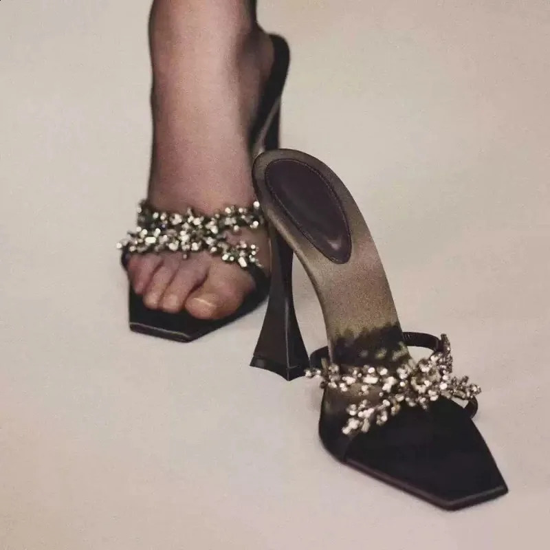 Summer Womens High Heel Sandals Fashion Cross Rhinestone Square Head Open Toe Sandals Silk Sexy Stiletto Shoes 250425