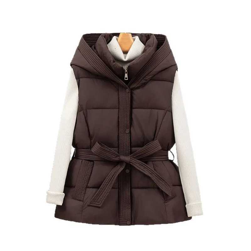 Women Vest Jackets Casual Solid Short Coats Lace Up Hooded Sleeveless Zipper Pockets Loose Cinched Waist Office Lady 2025 WinterT251128