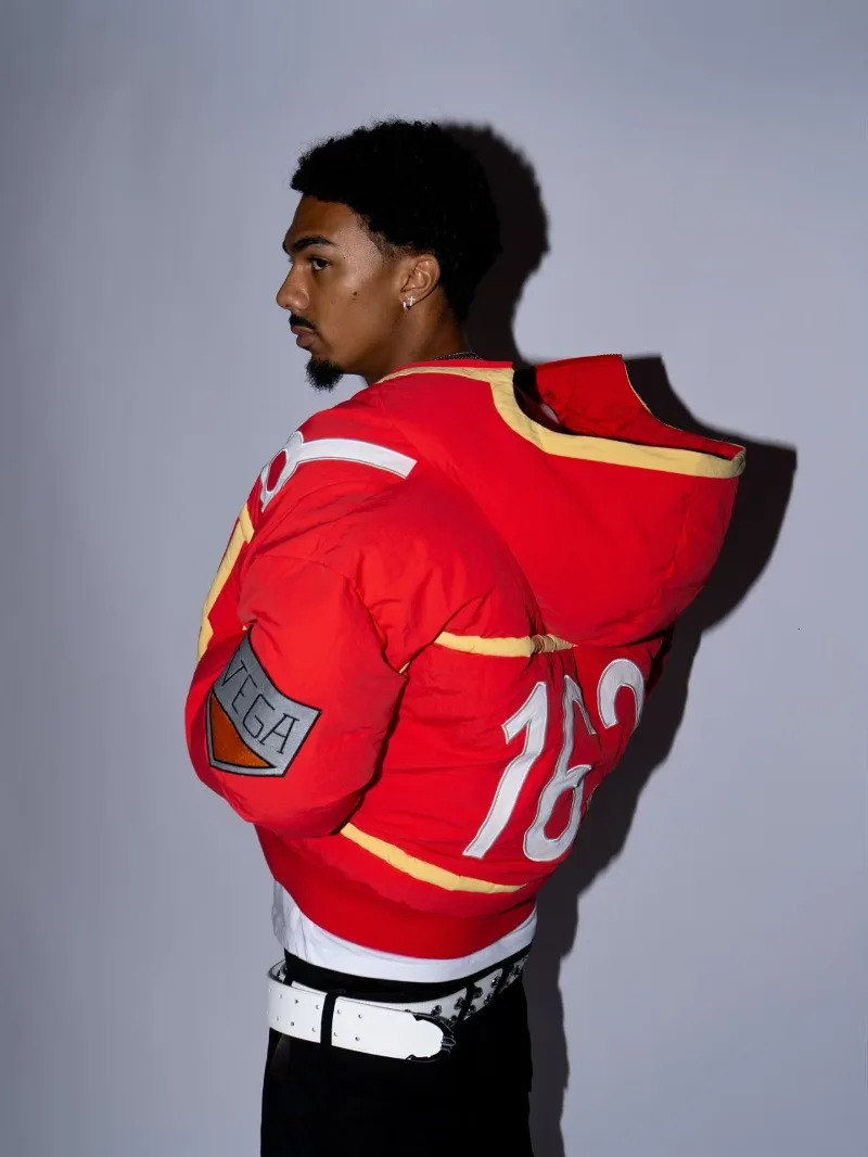 American alphanumerical patchwork line red mens cotton suit autumn and winter high street fashion punk jacket couple loose coat 251125