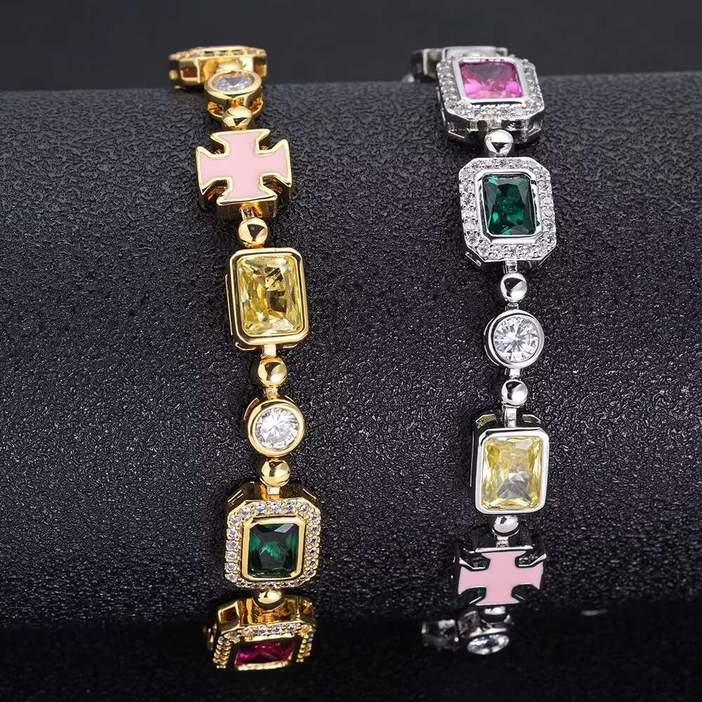 Customizable Silver Geometric Gemstone Motif Iced Chain Necklace Multi-Color Enamel Bling Stones Gold Plated Brass Bangles