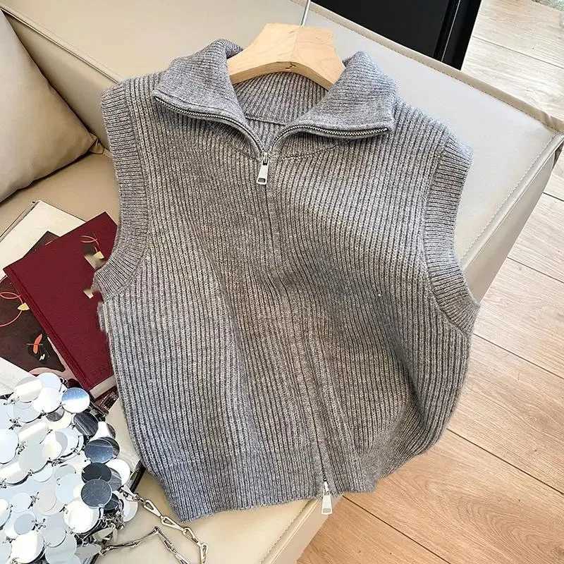 Retro Ladies Short Knit Vest Jacket Female Stand Collar Waistcoat Coat Spring Autumn Women Zipper Sweater Sleeveless TopsT251128