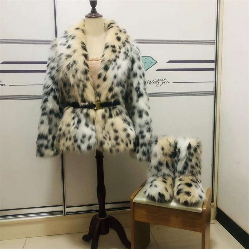 Mid-Length Long Sleeve Leopard Print Faux Fox Fur Women's Coat