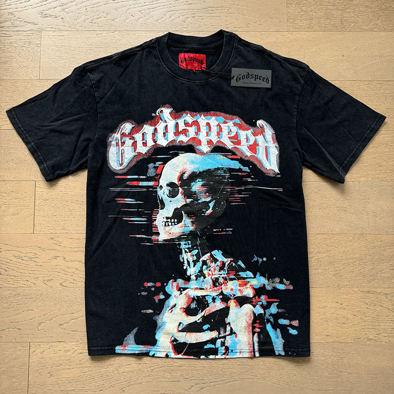Top Quality GOD SPEED Mans Washed Black T-shirts Male Skull Print Unisex Casual Tops Men's Clothing Women's Clothes
