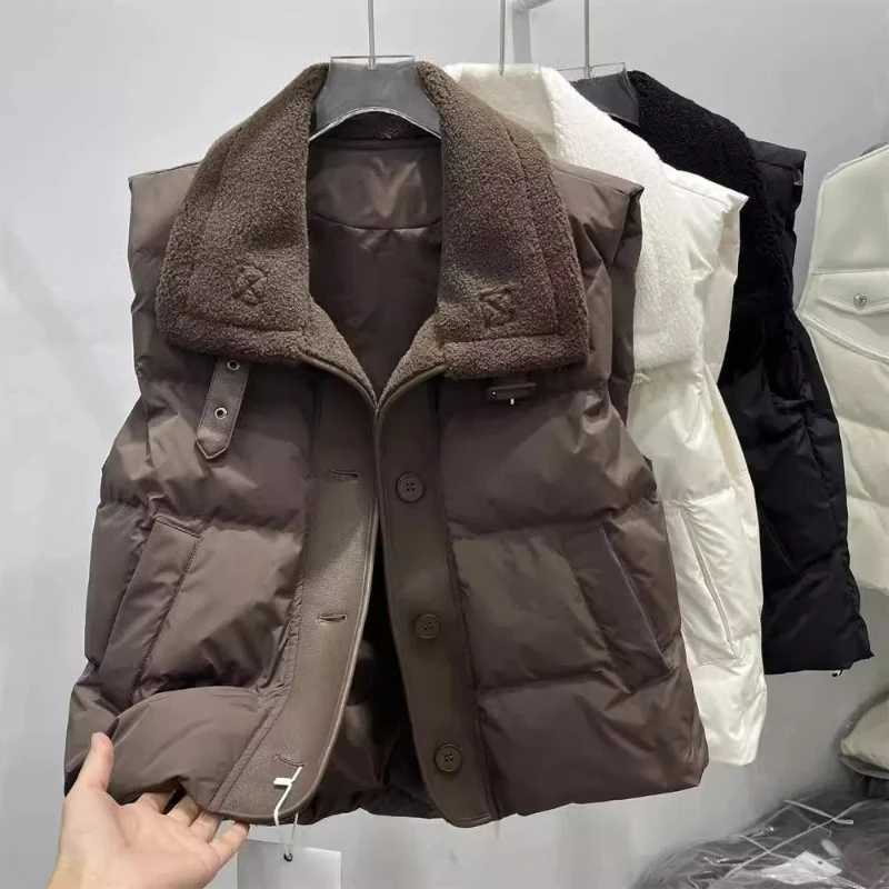European Lamb Wool Lapel Thickened Cotton Vest Women Short Autumn and Winter New Style Leather Vest JacketT251128
