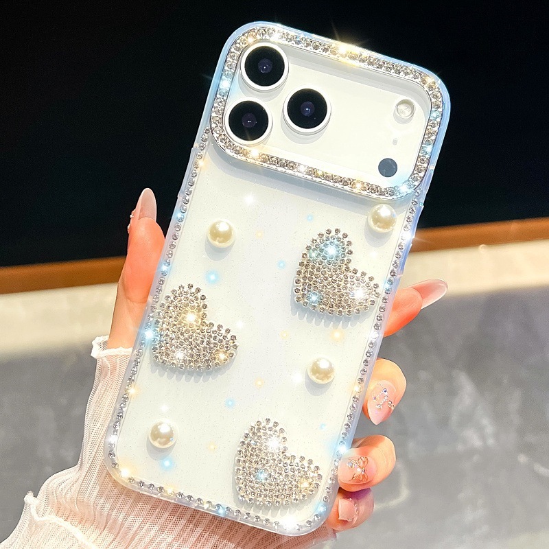 Sparkling Diamond Rhinestone Heart Phone Case iPhone 17 Pro Max Compatible with Apple 16/15 Pro Girly Style Trendy