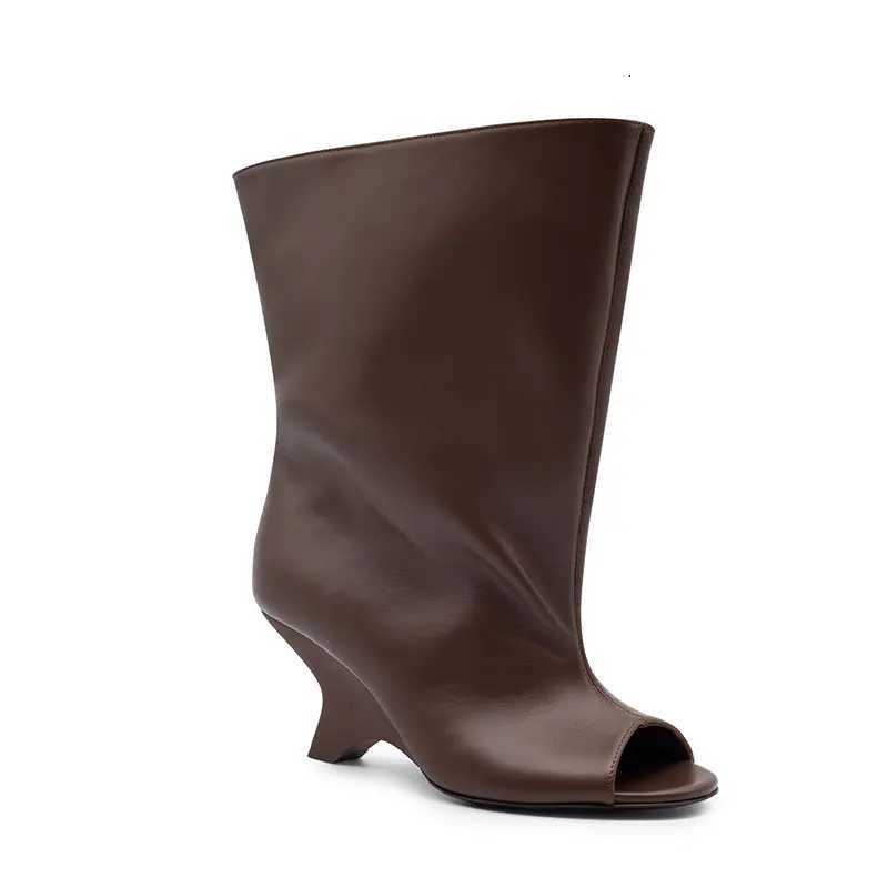 2025 Spring and Autumn Womens Fish Mouth Thick High Heels Knee Length Womens Boots Fashion Slope Heel Large Summer Cool Boots W251128