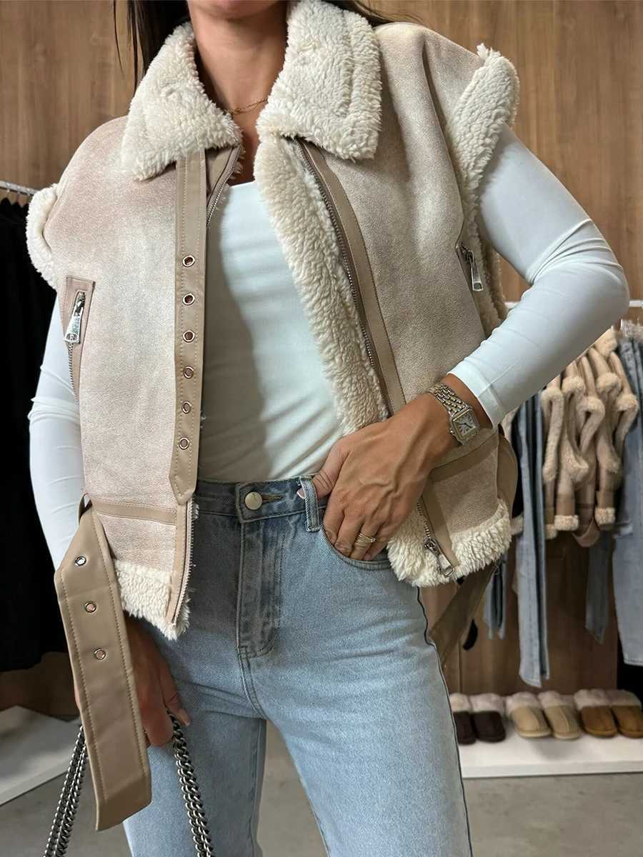 Dourbesty Women Fashion PU Leather Casual Vest Fur Collar Sleeveless Zipper Faux Shearling Vest 2025 Biker Moto Jacket OuterwearT251128