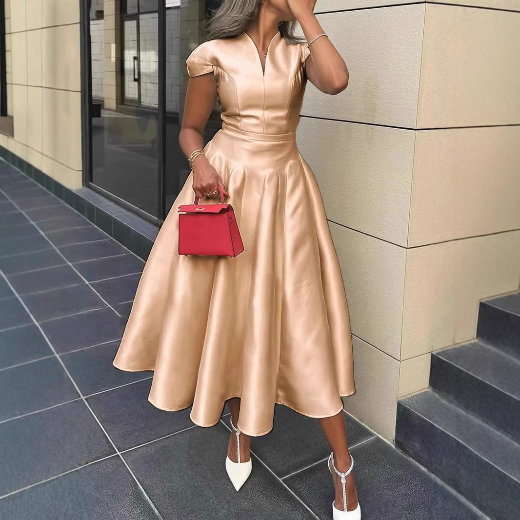 2025V collar and waist hem dress French style dress long skirt for women 240627