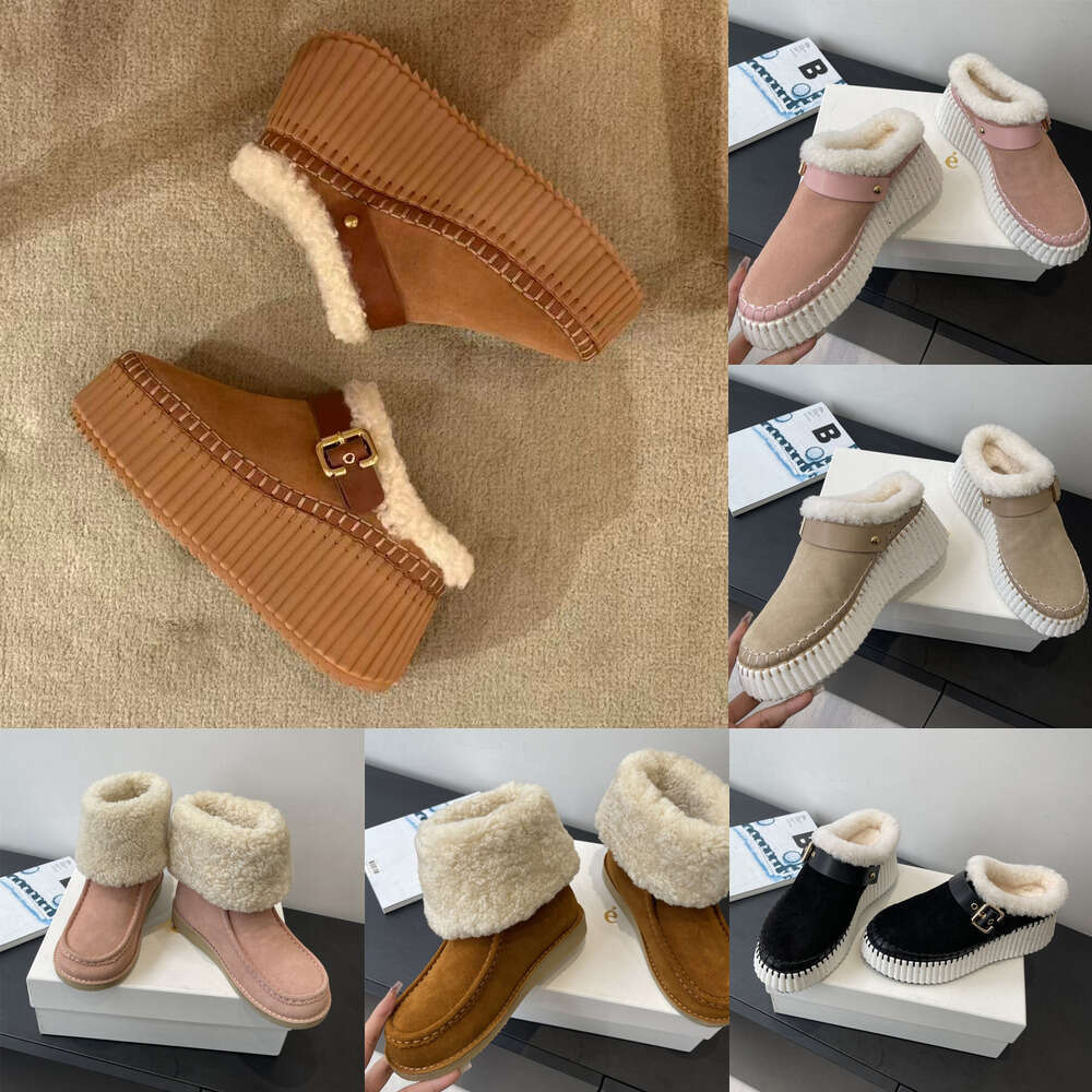 Designer boot Woman shoe Snow boots Fashion Ankle Buckle Thick Sole flat Suede fluffy Furry shearling Plush Fur boot Warm ski clog winter boot Outdoor Casual shoes