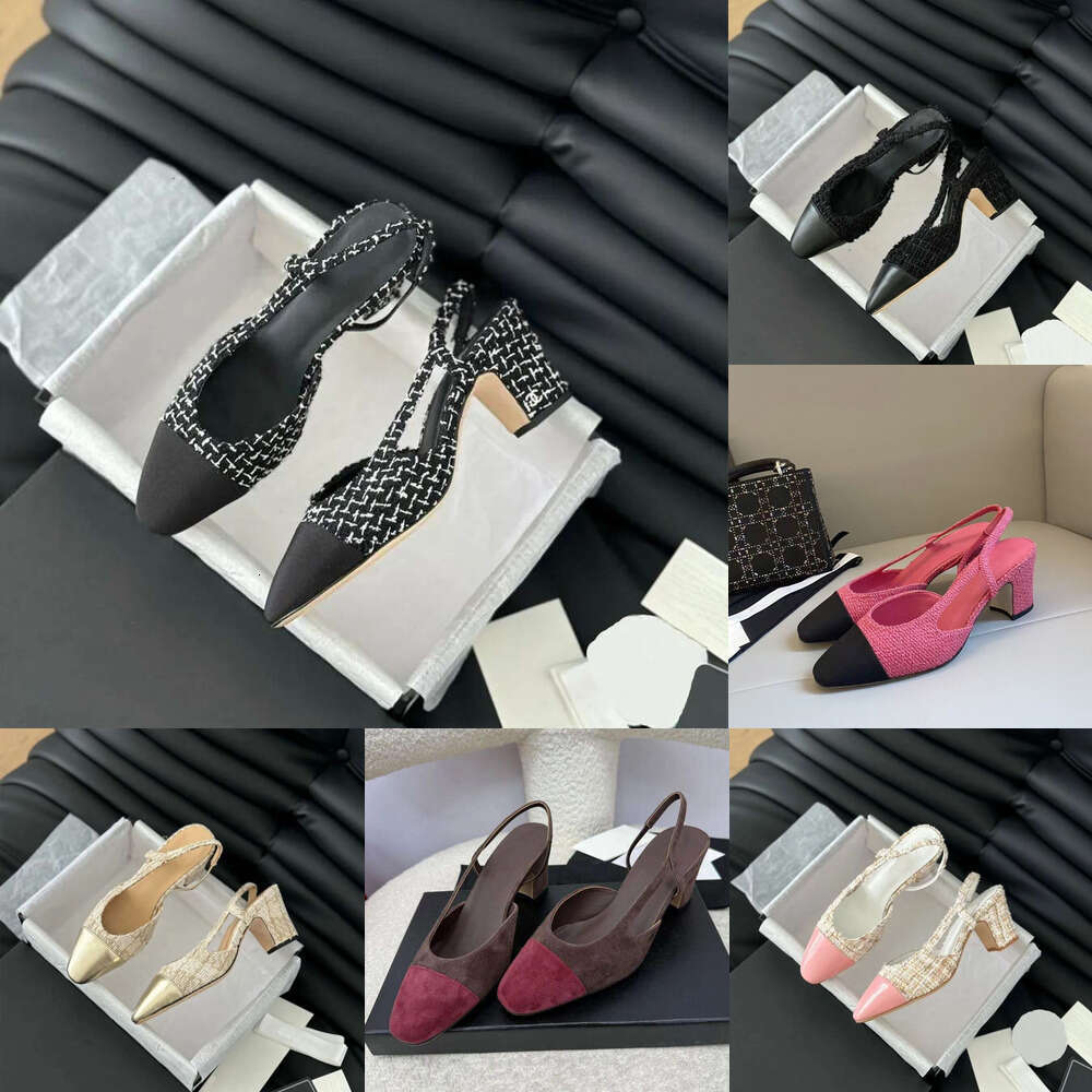 25 New top Luxury slingback kitten sandals Suede Patent Leather Tweed women's flat chunks block heel sandal dress Wedding Designer heels Office Party shoes