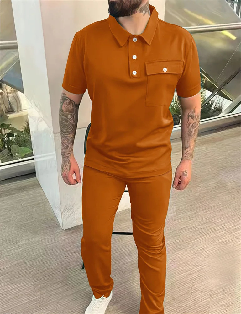 Summer mens short sleeved set fashionable pocket sports shirt short sleeved shirt mens two-piece set mens set S-XXXL 250422