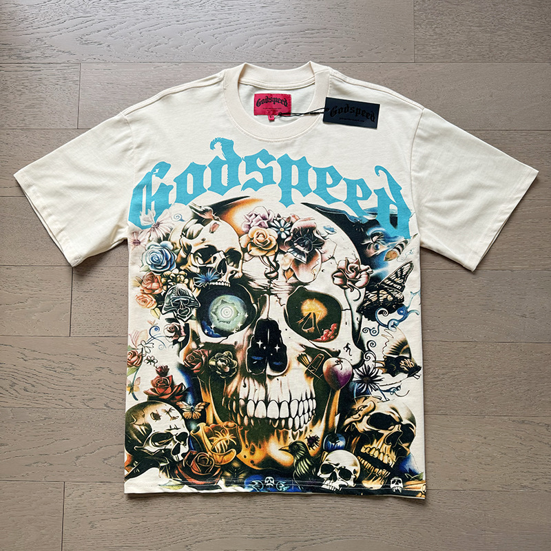 Top Quality GOD SPEED Mans Washed Black T-shirts Male Skull Print Unisex Casual Tops Men's Clothing Women's Clothes