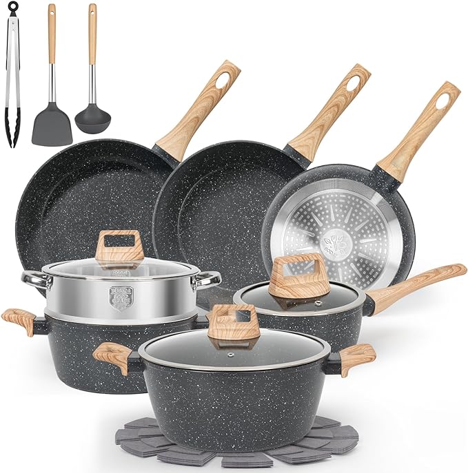 17-Pcs Pots and Pans Set Non Stick Kitchen Cookware Sets Nonstick Induction Cookware Non-toxic Black Granite Cooking Tools with Stay-Cool Handles Sili