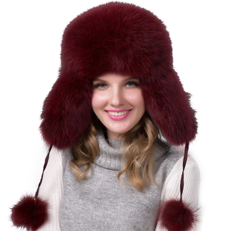 Natural Fox Fur Bomber Hats Winter Warm Women Flurfy Genuine Fox Fur Earfiap Caps Quality Russian Lady Real Fox Fur Hat 240910