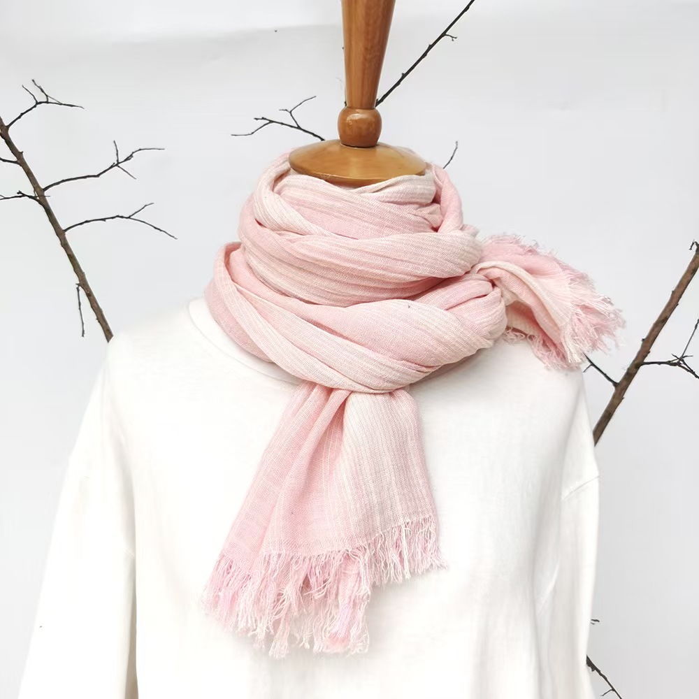 T582 Japanese and Korean striped cotton and linen scarf literary style personality natural wrinkle casual easy to match tassel scarf