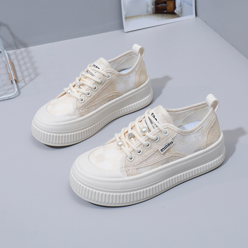 Free shipping designer 2025 Summer internet-famous breathable white sneakers, women's net shoes, versatile thick-soled lace thin casual shoes
