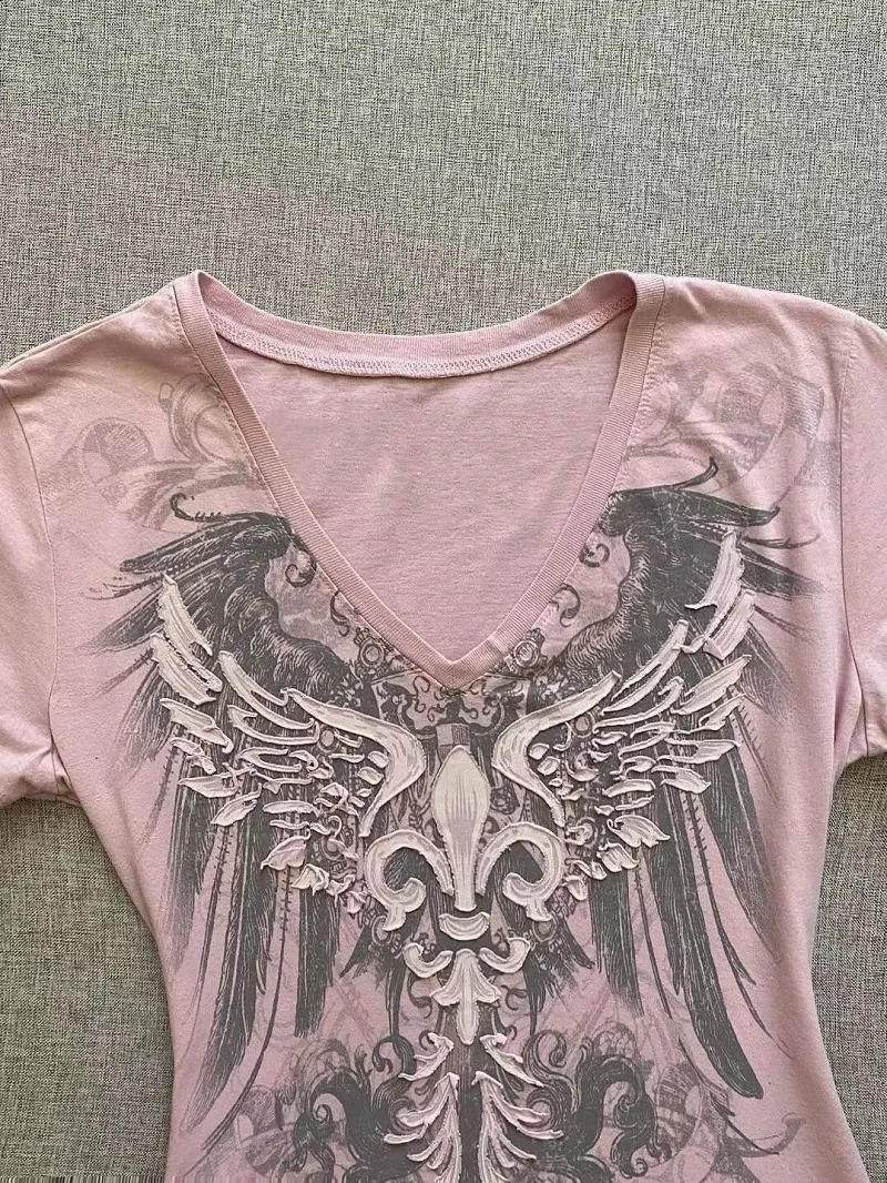 American Vintage tie Trndy High Street Women T-shirt Autumn Slim Fit All Match Short Sleeve Graphic T Shirts Y2k Top 250428
