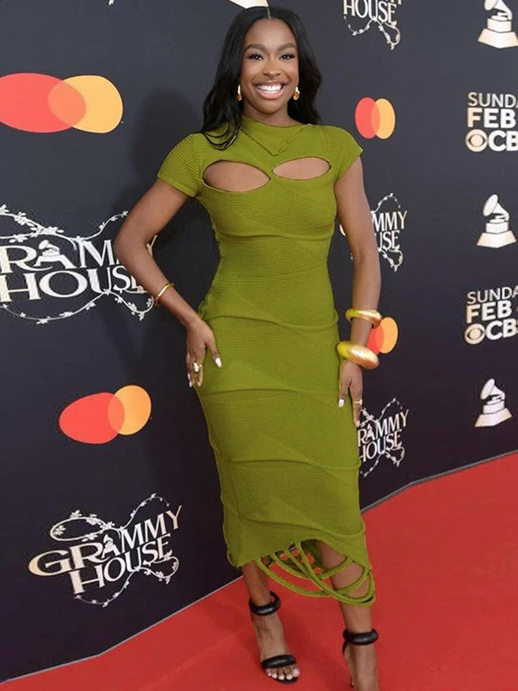 Womens green tight corset short sleeved summer sexy elegant party dress womens hollow thin knitted dress 250423