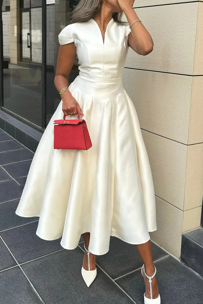 2025V collar and waist hem dress French style dress long skirt for women 240627