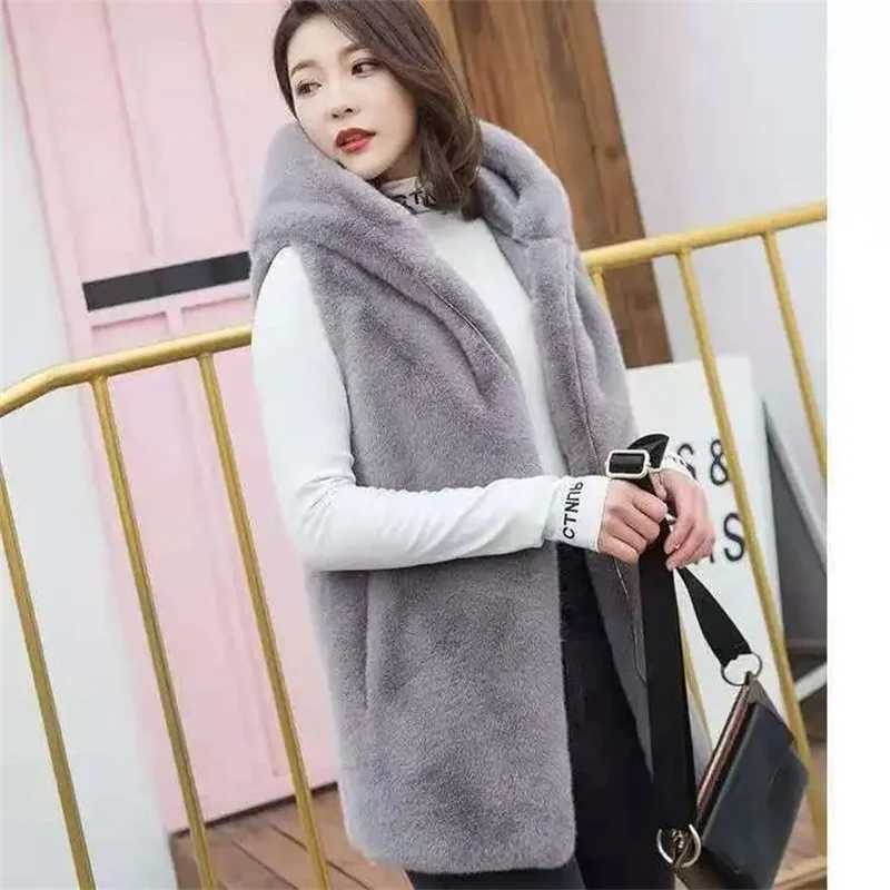 Hooded Vest Coat Womens Long 2025 Autumn Winter New Fur Imitation Rex Rabbit Fur Sleeveless Jacket Fashion Waistcoat Top FemaleT251128