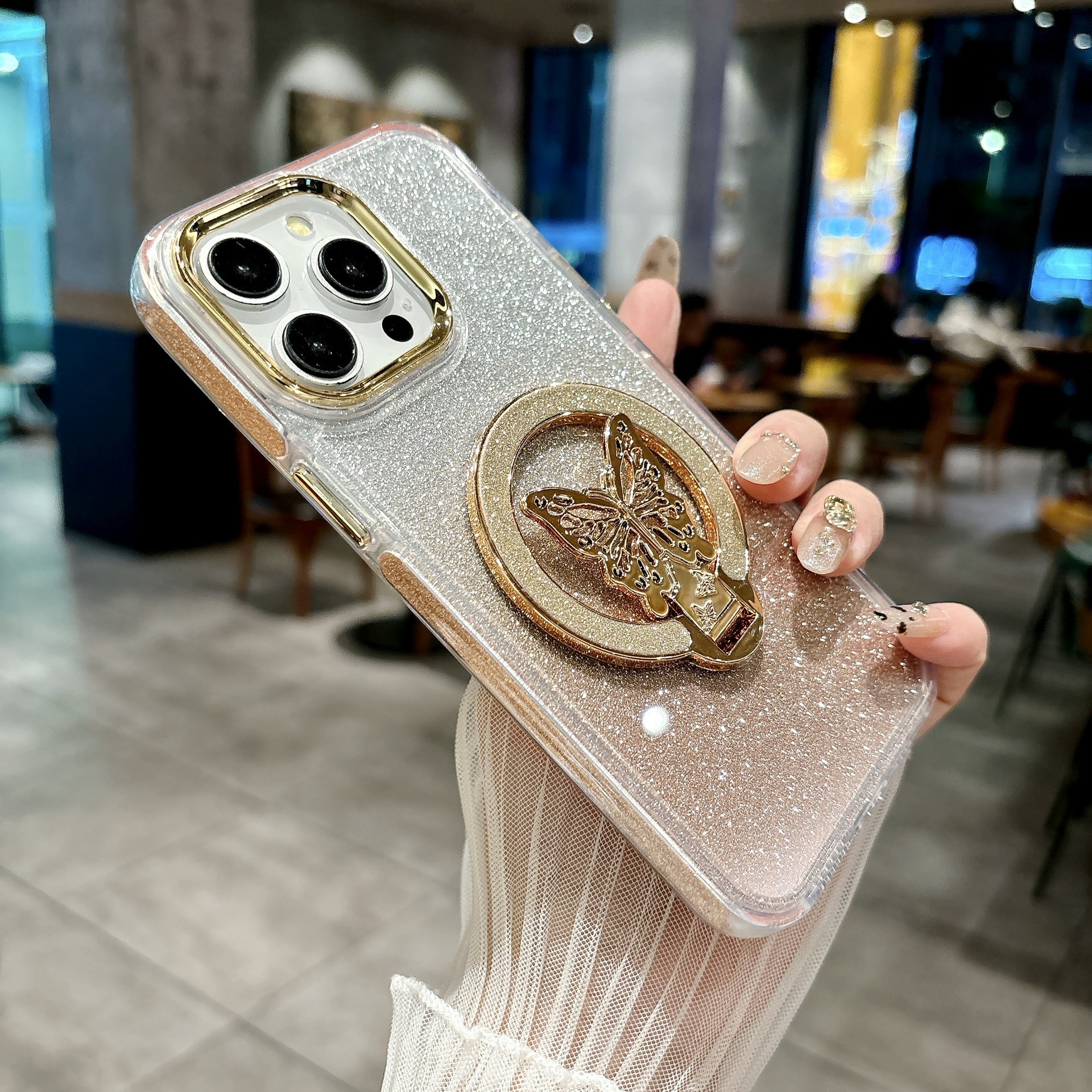 Frame Butterfly Stand Phone Case iPhone 16 Pro Max Compatible with Apple 15/14 Gradient Glitter Cardboard Case