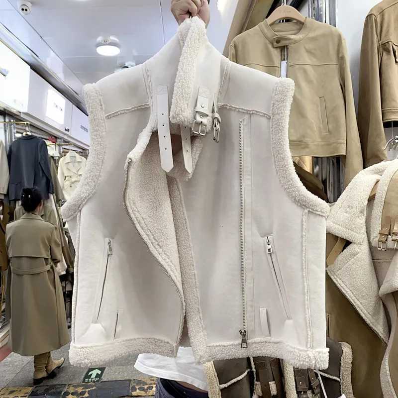 Elegant Women Thick Warm Zipper Vests Female Faux Leather Lambswool Patchwork Sleeveless Chic Casual Vest Outwear Autumn2025T251128