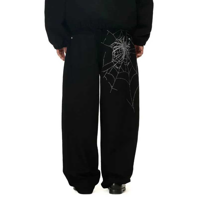 Y2K man jeans vintage Spider web embroidery vintage pattern wide leg pants American style street wear Rock Hip Hop Denim jeans L251127