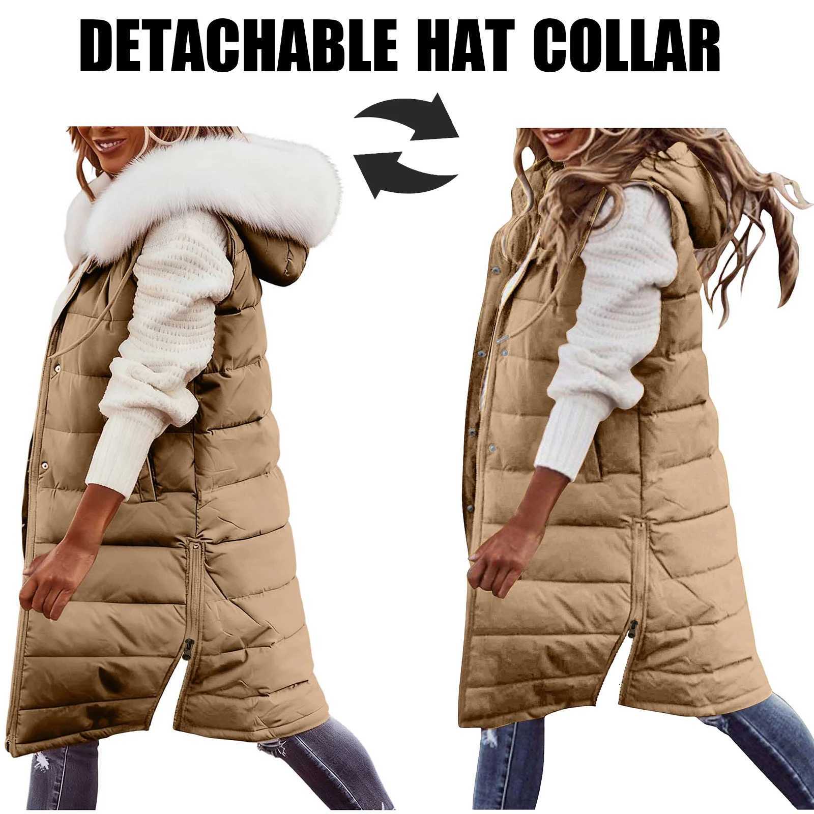 Hairy Collar Long with Hood Outdoor Vest Down Womens Jacket Quilted Coat Sleeveless Jacket Winter Light Weight SweatersT251128