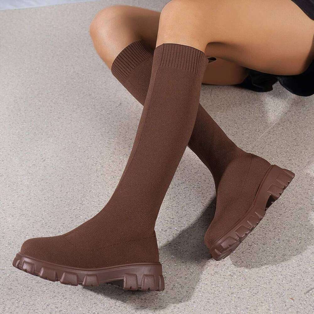 Thick Sole Knitted Long for Women Fashion Elastic Socks Shoes Boots Over Knee Round Toe Low Heels Botas De Mujer 2025