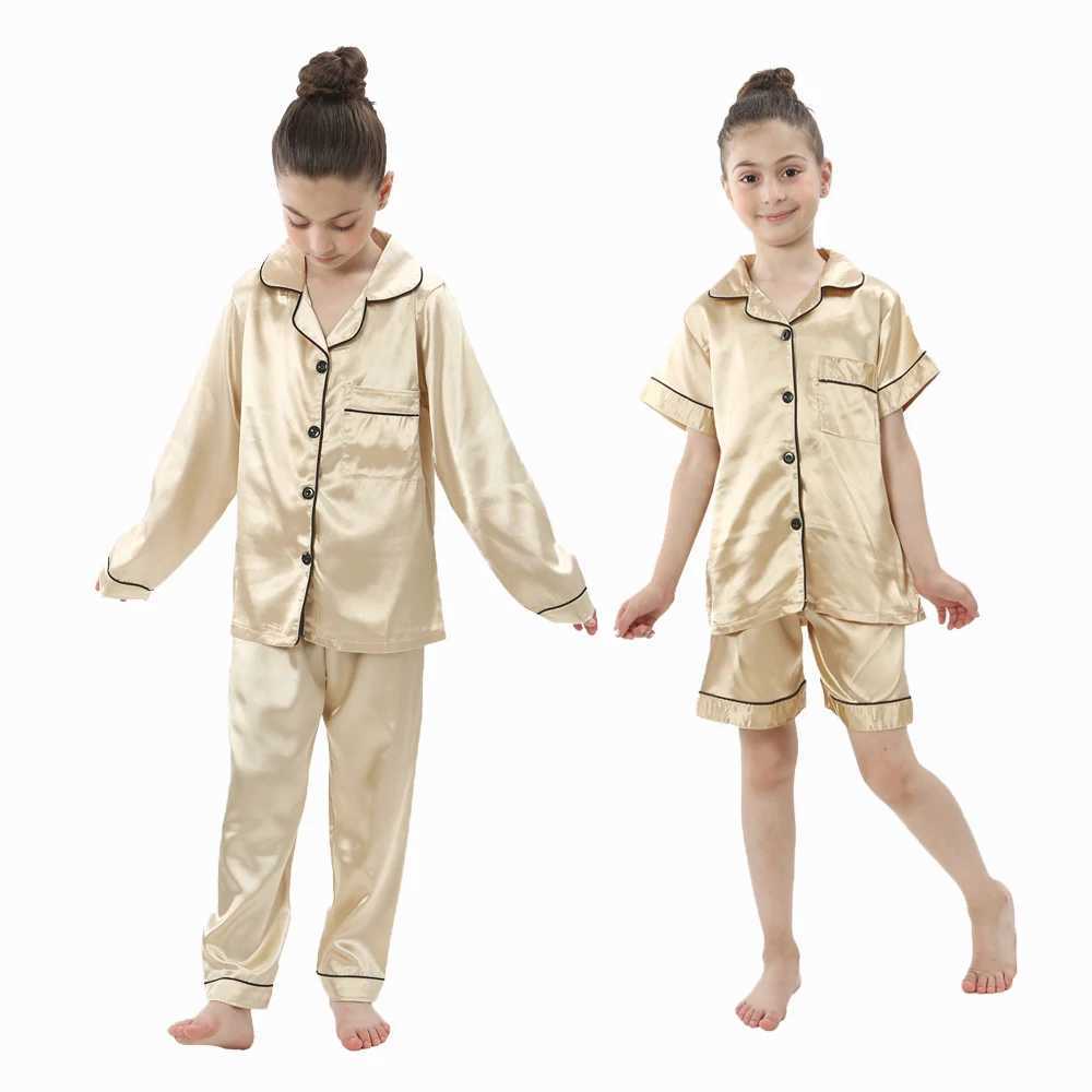 2 to 14 Years Boys Girls Pajamas Sets Kids Silk Satin Top Pant Long/Short Sleeve Solid Pyjamas Suits Nightgown Child Sleepwear H260403