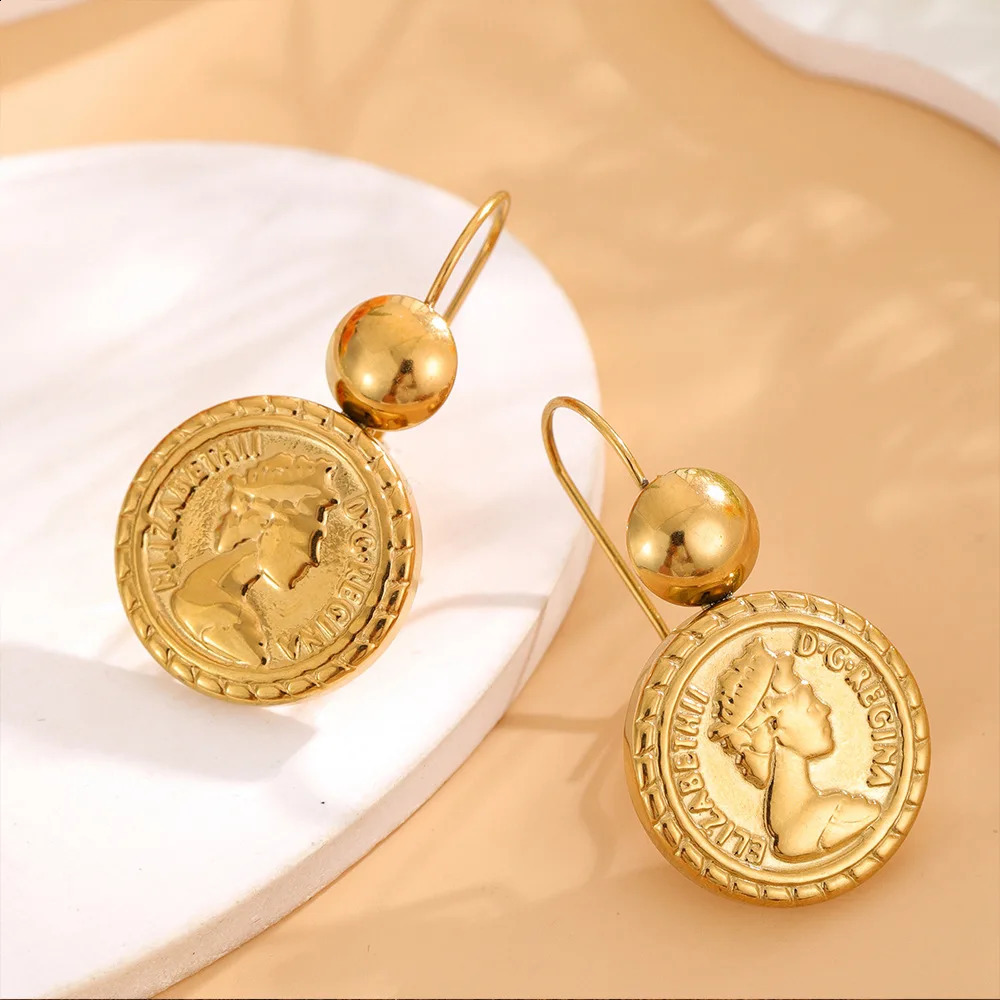 Round Queen Head Gold Coin Drop Earrings Gold Color Stainless Steel Earring For Women Fashion Jewelry Accessories 250427
