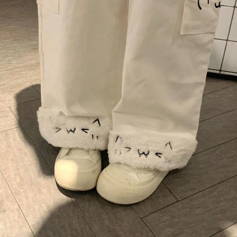 Women's Pants Kimotimo Cute Plush Patchwork Women Autumn Winter High Waist Big Pocket Loose Straight Trousers Casual Fashion Streetwear Z260314