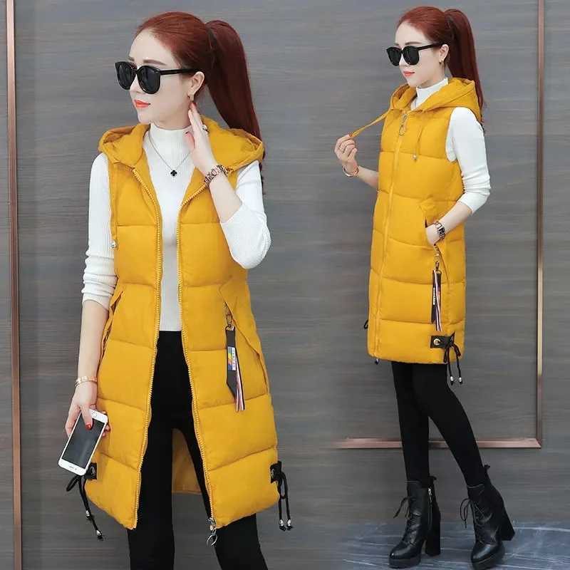 2023 New Autumn Winter Women Long Parkas Vest Warm Hooded Down Coat Parka Ladies Sleeveless Waistcoat Jacket OutwearT251128