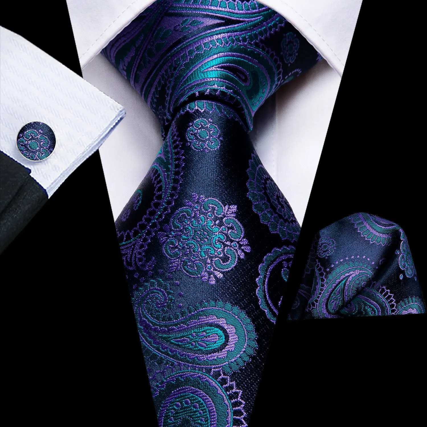 Hi-Tie Designer Black Blue Paisley 63inch Silk Men Tie 160cm Extra Long Ties for Men Woven Classic Men Necktie Pocket Square Set X251128