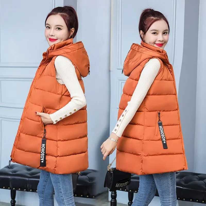 2025 new Down Cotton Vest Women Autumn Winter Hooded Puffer Parkas Long Sleeveless Coat Female loose Warm Waistcoat tideT251128